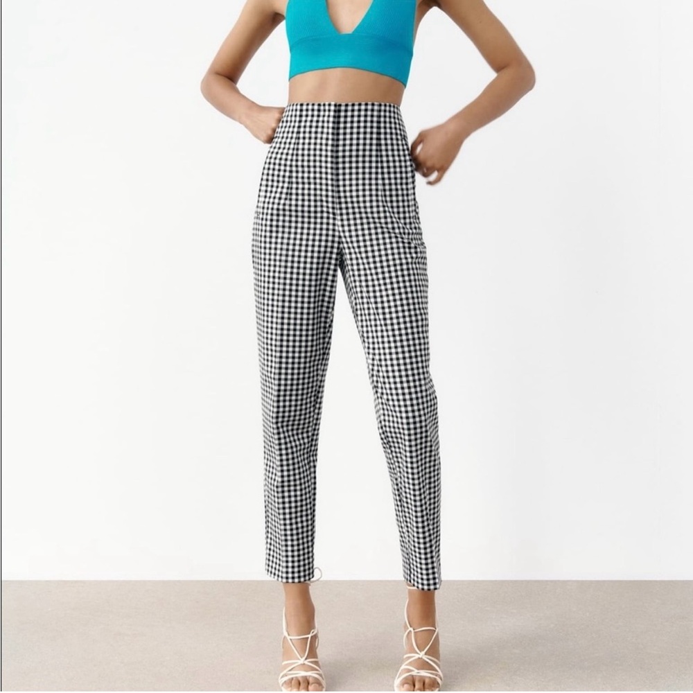 Zara High-Waist Straight Pants - Gingham